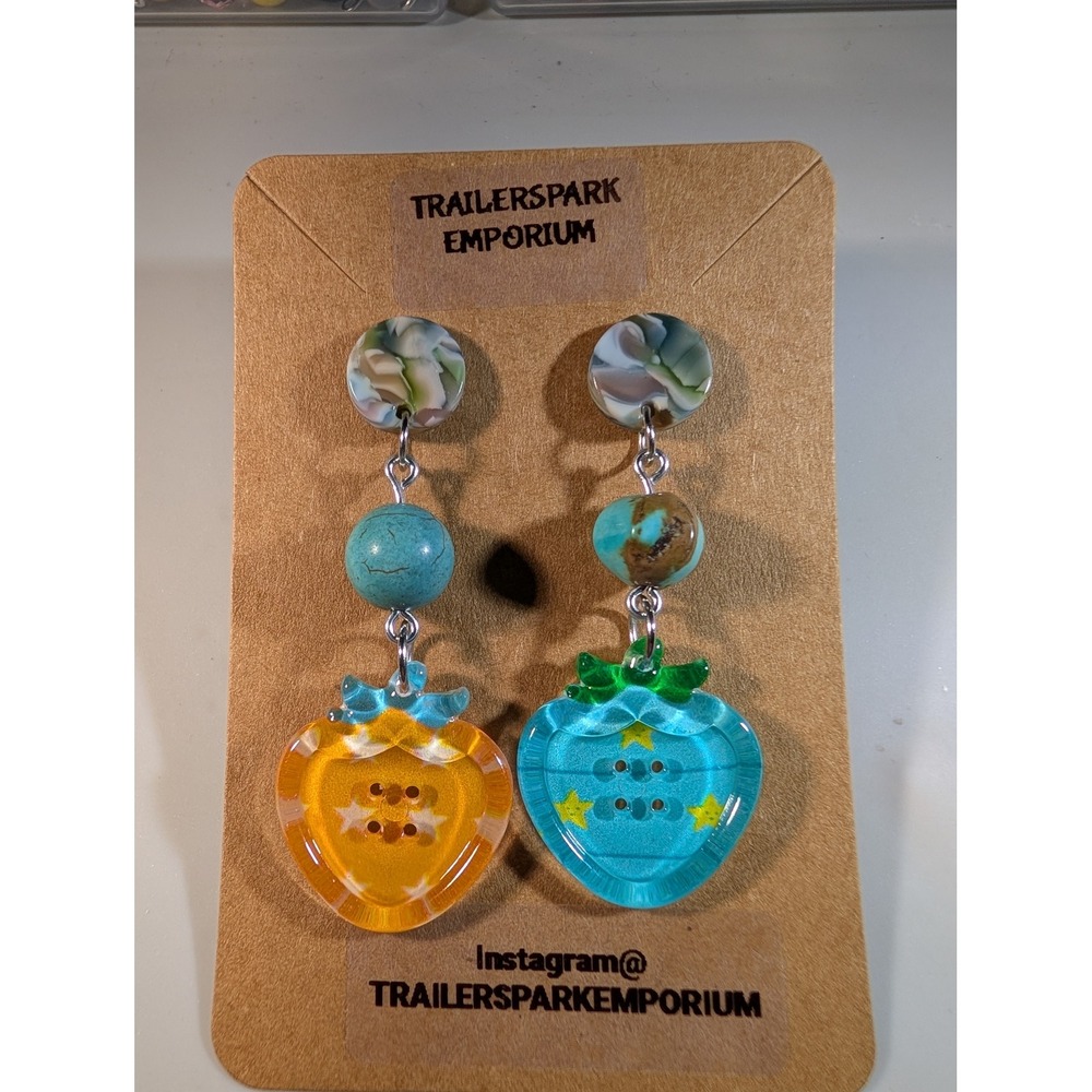 Trailerspark Emporium Strawberry Button Drop Earrings Nickel Free Blue Orange